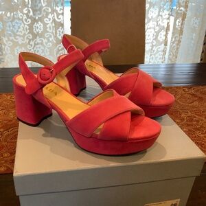 Prada Pink Suede Criss Cross Chunky Heel Platform Sandals Sz 36.5,BNIB,msrp$1320